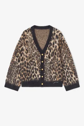Ganni Mixed Leopard V-neck Cardigan - Size XXS Alpaca