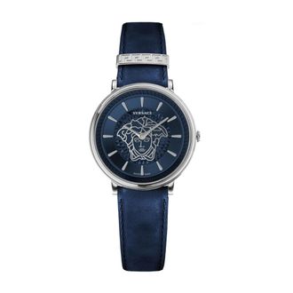 Versace V Circle Leren Band Horloge Zwart - Dames - Horloges - Grijs - ONE Size - Accessoires