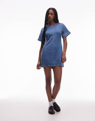 Topshop Vestito corto a maniche corte strutturato in denim blu medio