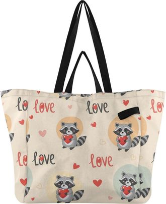 Generic Raccoon Love Beige print Reusable Canvas Tote Bag, Heavy Duty Grocery Shopping Bag with Hard Bottom Double Handles Large Capacity Work Groceries Trave