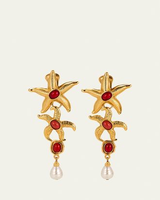 Ben-Amun Starfish Clip On Earrings with Pearly Drops and Coral Stones