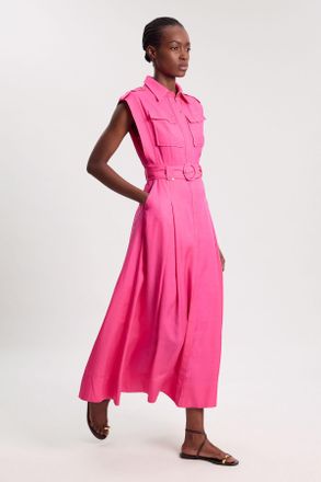 Karen Millen Womens Premium Viscose Linen Belted Woven Midaxi Dress With Gold Hardware Detail - Pink - Size 10 UK