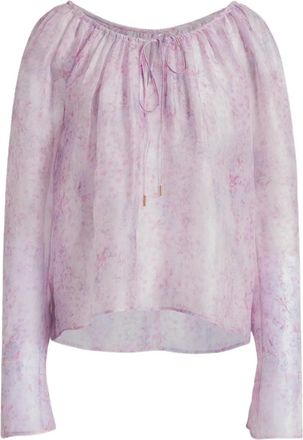 Alberta Ferretti Pastel Floral Organza Blouse with Gathered Neckline