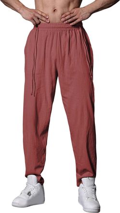 Generic Mens Plain Cotton Linen Trousers - MenS Linen Slim Fit Trousers Drawstring Cropped With Elastic Waist Lightweight Flat Front Pants Straight Legs Trous