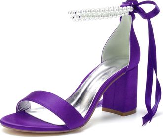 Generic Wedding Shoes Womens Open Toe Heels Bride High Heels Sandals Satin Bridal Chunky Heels Ankle Strap Evening Party 8Cm,Dark Purple,10 UK