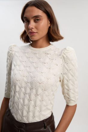 Karen Millen Womens Cable Stitch Puff Sleeve Top - Cream Viscose - Size Large