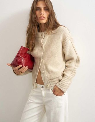 Topshop cardigan lavorato a maglia, squadrato, a coste profonde, color latte-Neutro
