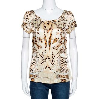 Roberto Cavalli Cream and Beige Silk Leopard Print Short Sleeve Top S