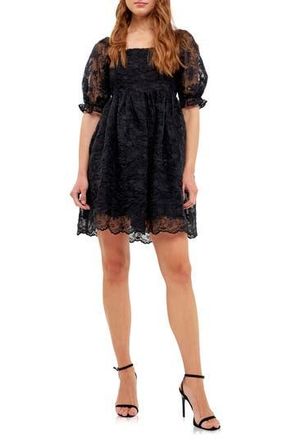 endless rose Floral Embroidered Puff Sleeve Babydoll Dress in Black at Nordstrom Rack, Size Medium