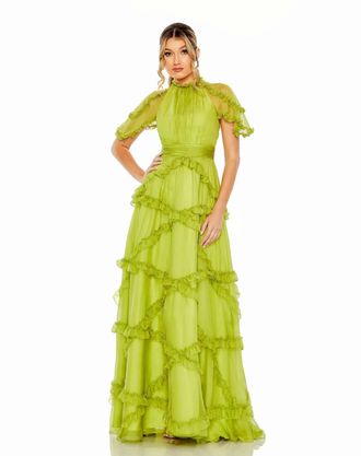 Mac Duggal Chiffon Cascading Ruffle Flutter Sleeve Gown In Apple Green