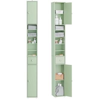 SoBuy SoBuy Colonna Bagno Stretta - Mobile Bagno Idrorepellente, Alto con Ripiani Regolabili e Cassetto - Armadietto Salvaspazio, MDF, Verde Chiaro