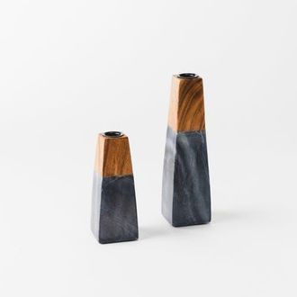Mela Artisans Tapered Black Marble & Acacia Sculptural Candleholders in Black - Medium at Nordstrom
