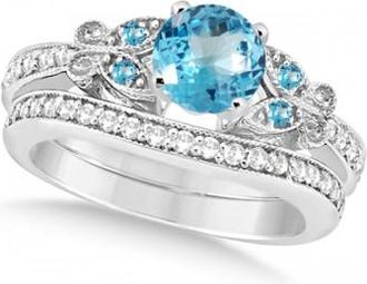 Allurez Butterfly Blue Topaz & Diamond Bridal Set 14k White Gold 1.10ct