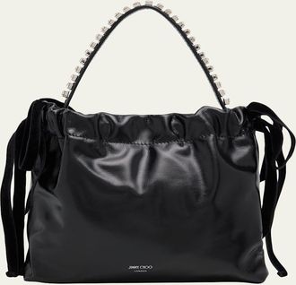 Jimmy Choo London Leather Drawstring Mini Shoulder Bag with Crystal-Embellished Handle
