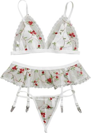 Generic Red Sexy Lingerie for Women Bridal Lingerie Set Lace Bra Lingerie Sleepwear Bow Lace Underwear 3PCS Tie Embroidery Flower Red Sexy Lingerie for Women 