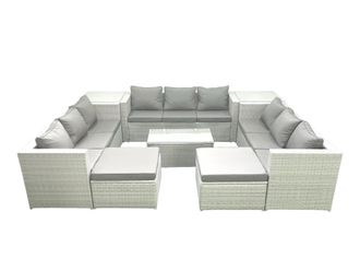 Fimous Rattan Garden Outdoor Furniture Set 11 Seater Garden Sofa Coffee Table Set with 2 Big Footstools 2 Side Tables Light Grey Mixed