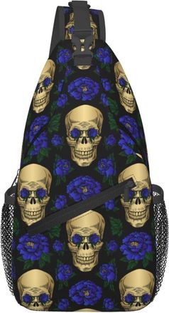 Generic Skulls Blue Flowers Flower Chest Bag Trendy Cross Body Bag Anti Theft Backpack For Casual Camping Sports