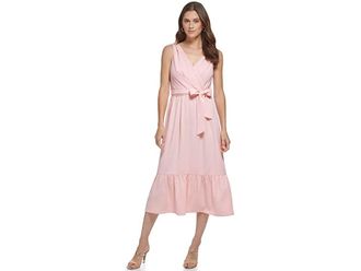 DKNY V-Neck Ruffle Hem Midi Dress Womens Dress Blossom/Cream : 12, Polyester/Rayon/Spandex