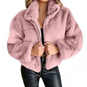 Generic Casual Warm Plush Jacket for Women Womens Cropped Jacket Furry Lapel Coat Zip Up With Pockets Warm Winter Outwear for Workout Hiking Xmas Gifts (Pink,