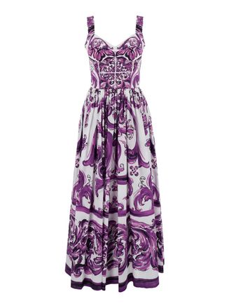 Dolce & Gabbana Violet Long Dress With Sweetheart Neckline And All-Over Geometric Print In Cotton Woman