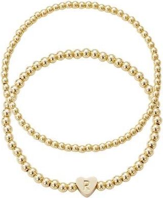 Adornia Initial Heart Charm Beaded Chain Bracelet Set in Gold-R at Nordstrom Rack