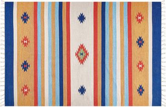 Beliani Alfombra Kilim De Algod&oacute;n Rojo Azul Amarillo 200 X 300 Cm A Mano Geom&eacute;trico Borlas Taronik