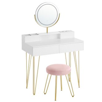 Vasagle Tocador con taburete iluminaci&oacute;n y 2 cajones de color blanco y dorado