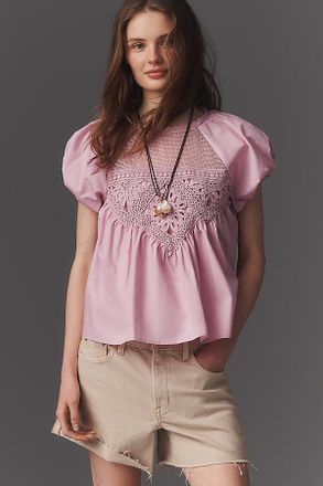 En Elly Puff-Sleeve Crochet Blouse