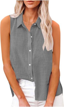 Generic Womens Sleeveless Tank Tops for Summer Casual Wear Cotton Linen Shirts For Women Sleeveless Collared Tops Oversized Button Up Blouses Work Shirts Casu