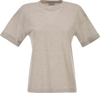 PESERICO Gestreepte Linnen en Katoenen T-shirt - Dames - T-shirts - Beige - M - Katoen - Tops