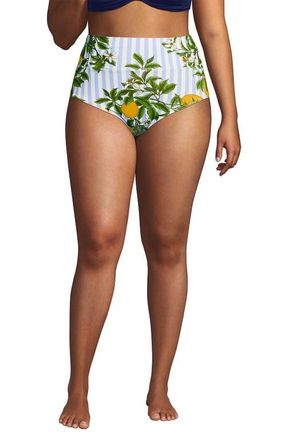 Lands End Plus Size Pinchless High Waisted Bikini Bottoms in Soft Sky Blue/citrus Stripe at Nordstrom, Size 16W