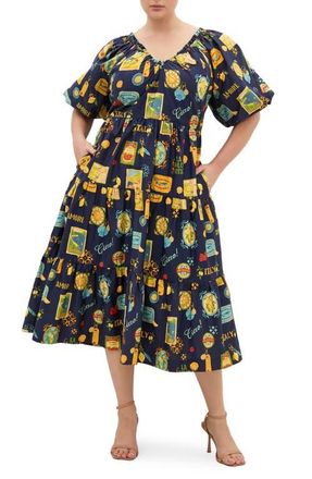 City Chic Fantasy Print Flared Midi Dress in Navy La Dolce at Nordstrom, Size Xxxs