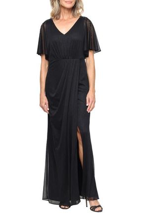 S.L. Fashions Draped Glitter Mesh Gown in Black at Nordstrom, Size 14P