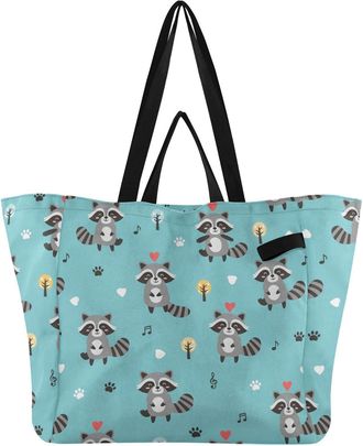 Generic Teal Raccoon Paw print Reusable Canvas Tote Bag, Heavy Duty Grocery Shopping Bag with Double Handles Large Capacity Hard Bottom Work Groceries Travel