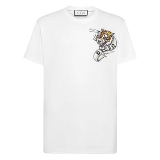 Philipp Plein Tops, Heren, Wit, M, Katoen, T-shirt Ronde Hals Tattoo
