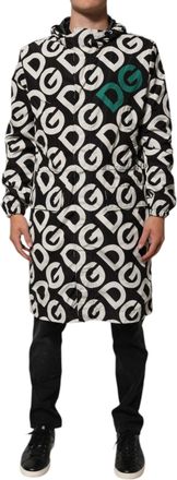Dolce & Gabbana Black White Logo Print Hooded Coat Men Jacket And Polyester Clothing