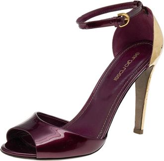Sergio Rossi Burgundy Patent Leather Metal Heel Ankle Strap Sandals