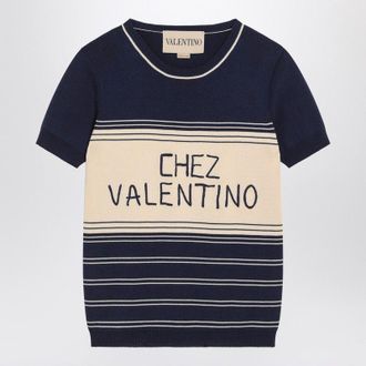 Valentino Womens Blue Ribbed Top With Chez Embroidery - Dark Blue Cotton - Size Medium