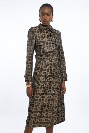 Karen Millen Chain Jacquard Tailored Double Breasted Belted Trench Midi Coat
