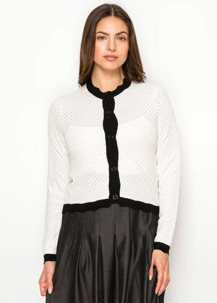 YAL New York Pointelle Cardigan White with Black Contrast Trim