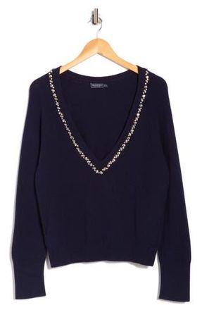 Vineyard Vines Rhinestone Embellished Wool Blend V-Neck Sweater in Nautical Navy at Nordstrom Rack, Size X-Large