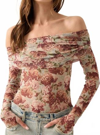Promesa Flora Mesh Off-Shoulder Floral Bodysuit In Sage & Taupe