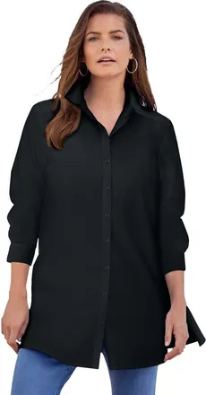 Roaman's Kate Long-Sleeve Crisp Cotton-Blend Button-Front Tunic in Black at Nordstrom, Size 44