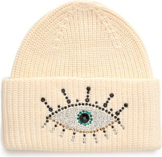 Kurt Geiger Embellished Evil Eye Beanie in Bone at Nordstrom Rack