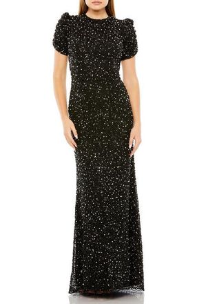 Mac Duggal Womens Embellished Mesh High-Neck Short Sleeve Gown in Black at Nordstrom, Size 12