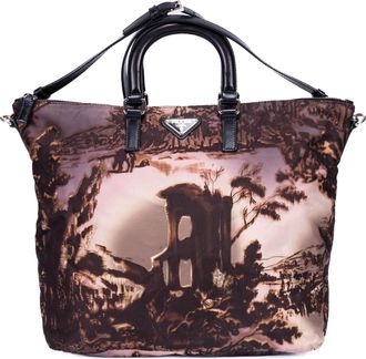 Prada Pre-owned Womens Tessuto Nylon Temple Print Tote Bag Shoulder Bag - Black - One Size
