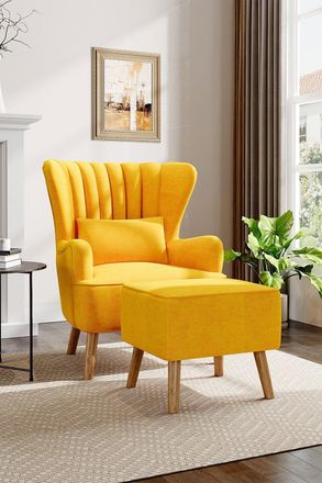 H&O Direct Faux Wool Upholstered Armchair & Footstool in Yellow