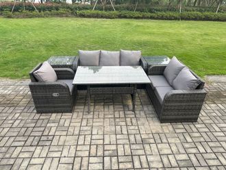 Fimous 6 Piece Rattan Garden Furniture Set with Patio Sofa Rectangular Dining Table 2 Side Table Indoor Conservatory Patio Set in Dark Grey