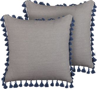 Beliani Conjunto De 2 Cojines De Lino Gris Azul 45 X 45 Cm Borlas Cremallera Carpinus