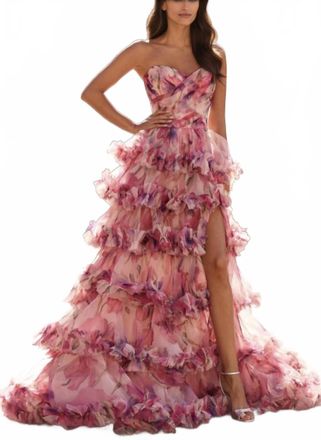 La Femme Strapless Ruffle Tulle Ballgown In Pink Multi